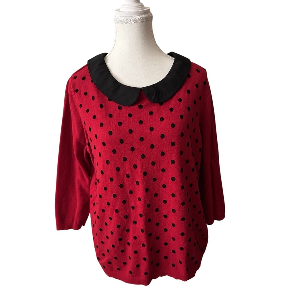 ELLE Red Polka Dot Peter Pan Collar Sweater XL Retro Cute Mod Cottagecore 90s